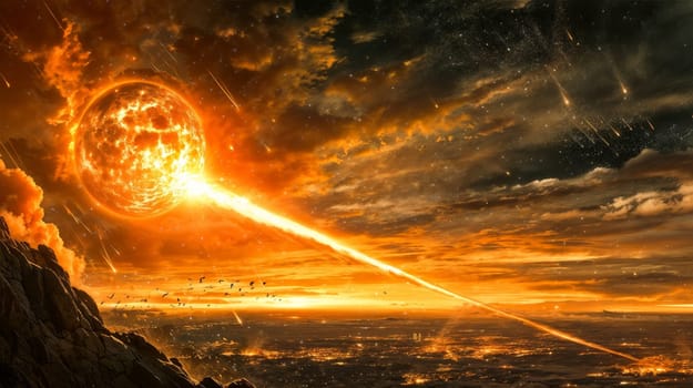 A big bang in the sky over a rocky landscape.a fiery beam destroys a celestial body or planet