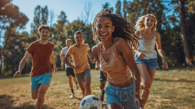 A group of young people running with a soccer ball on the grass in a meadow
