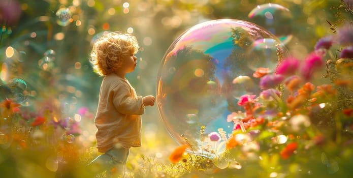 Little girl playing with a bubble in flowers.fairy tale plot