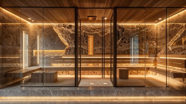 Sauna with a bench and lamps in it with glass walls in the grotto of the rock