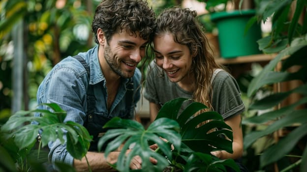 Happy Man And Woman Taking Care Of Plant In Greenhouse