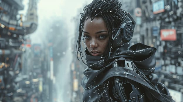 A woman in a futuristic costume stands on top of a building with a surreal city in the background