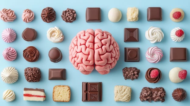 Brain addicted to chocolate and sugar, international diabetes day, insulin resistant, addiction to sweet unhealthy food, health problem