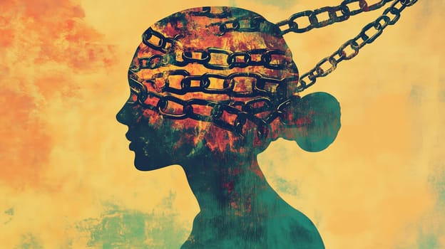 Domestic violence, face of abused woman with chain, international awareness month october for victims and survivors