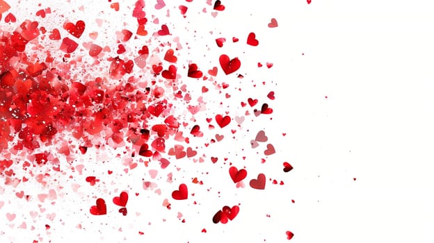 Red hearts explosion cloud, vibrant color confetti splash, love and emotion, heart particles, valentine day, isolated white background