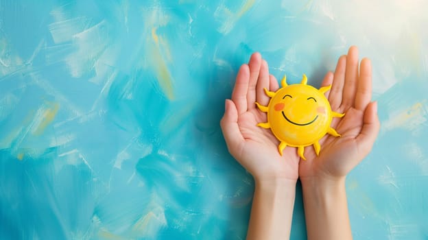 Holding happy smiling face of sun, love, emotion, mental health concept, positive thinking mind, attitude, support and self esteem