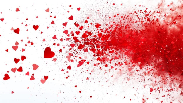 Red hearts explosion cloud, vibrant color confetti splash, love and emotion, heart particles, valentine day, isolated white background