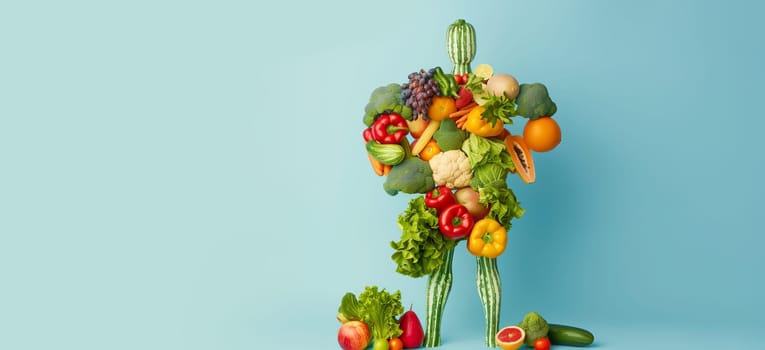 Man made from vegetables and fruit, paprika, broccoli and lettuce, healthy food diet and lifestyle, vegan eating