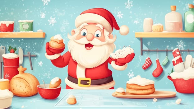 Santa Claus is baking cookies and cake for christmas eve in the kitchen, winter holiday season, xmas greeting card, illustration