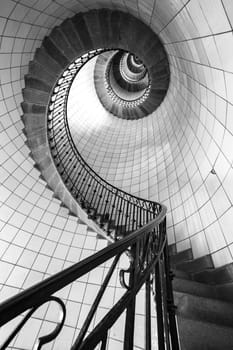 Plouguerneau, France - August 8 2017: Monochrome view of high lighthouse blue staircase,  vierge island, brittany,france