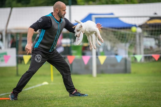 June 22, 2024, Saint Didier de Formans, France: Adrian Stoica is a dog trainer of Italian nationality. He practices and teaches Disc Dog, a sport widely practiced in the United States. With his dog Hurricane, he has been crowned world champion six times and European champion 35 times.