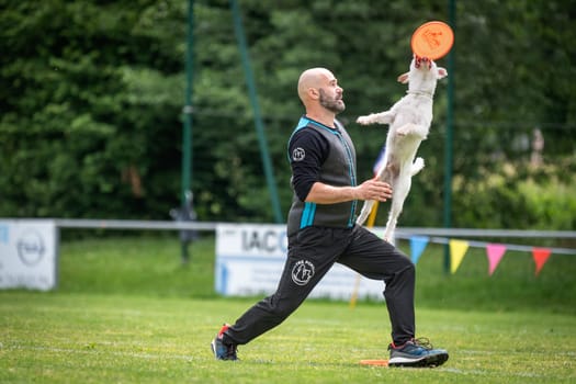 June 22, 2024, Saint Didier de Formans, France: Adrian Stoica is a dog trainer of Italian nationality. He practices and teaches Disc Dog, a sport widely practiced in the United States. With his dog Hurricane, he has been crowned world champion six times and European champion 35 times.