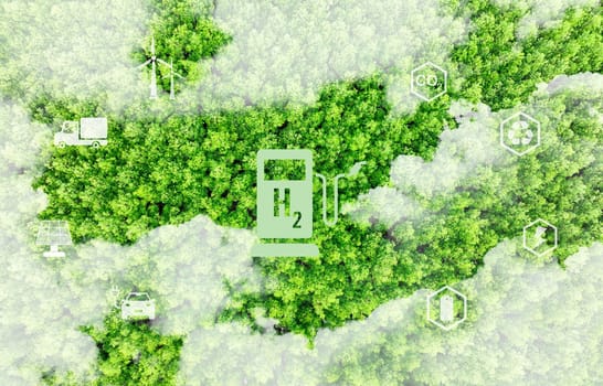 Green hydrogen energy generation using sustainable renewable resources like sun and wind. Hydrogen fuel cell vehicle with zero emissions. Green technology for future. Advancing the hydrogen economy.