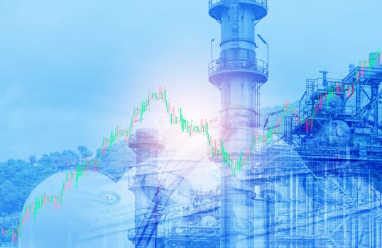 Stock market graph of energy sector overlaid on a gas turbine power plant, with financial data and industrial LNG storage tanks. Energy industry investment and electricity generation facility concept.