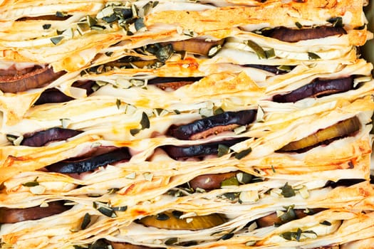 Cheese pie with phyllo pastry, cheese and figs. Bakery. Copy space.
