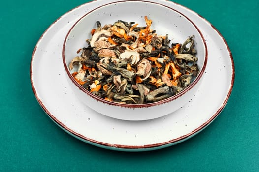 A vibrant array of dried mushrooms on a rustic wooden table