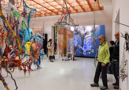 Venice, Italy - May 7 2024: Foreigners Everywhere 60th Venice Art Biennale in Venice. Visual and sound installation by Julien Creuzet inspired by Caribbean motifs in the French Pavilion at Giardini