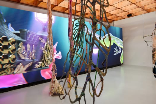 Venice, Italy - May 7 2024: Foreigners Everywhere 60th Venice Art Biennale in Venice. Visual and sound installation by Julien Creuzet inspired by Caribbean motifs in the French Pavilion at Giardini