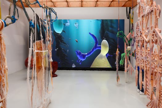 Venice, Italy - May 7 2024: Foreigners Everywhere 60th Venice Art Biennale in Venice. Visual and sound installation by Julien Creuzet inspired by Caribbean motifs in the French Pavilion at Giardini