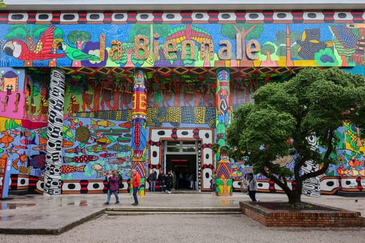 Venice, Italy - May 7 2024: The colorful facade of the Biennale Central Pavilion located in Giardini in Venice. Italy