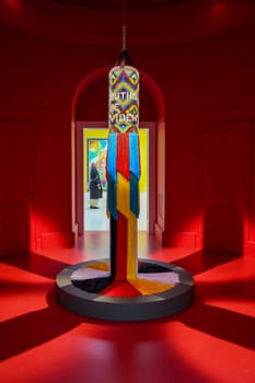 Venice, Italy - May 7 2024: Foreigners Everywhere 60th Venice Art Biennale in Venice. The space in wchich to place me by Jeffrey Gibson at USA Pavillon.