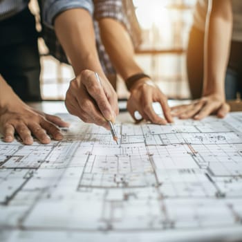 A construction blueprint with engineers discussing in the background. Hand pointing at the plan