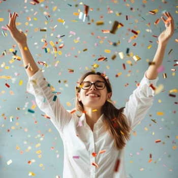 Woman celebrating with arms raised, colorful confetti falling, joyful moment