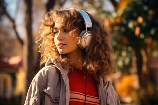 woman listens music with headphones on city street, Generative AI.