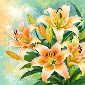 Delicate orange lilies with captivating petals burst into bloom, surrounded by fresh green leaves, showcasing their beauty against a soothing pastel backdrop.