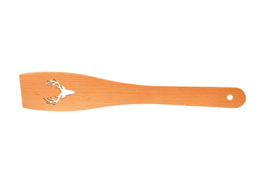 Cooking spoons and kitchen utensils. Wooden spoon, wok spoon, wok spatula, bamboo spatula with punched out deer antler motif isolated. Clipping path.