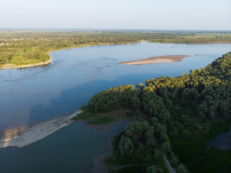 Aerial view of big siberian Ob river in beauty summer day, drone shot