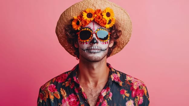 Man with Sugar Skull Makeup and Hat for Dia de los Muertos