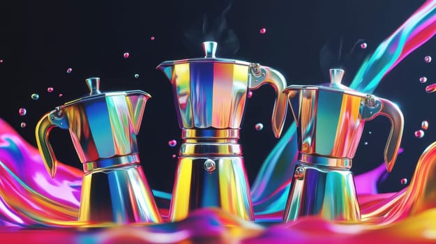 Three colorful moka pots on a splash of iridescent paint.