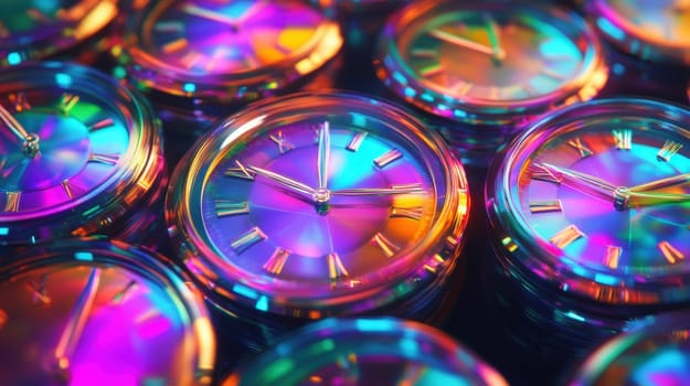 Time concept with many colorful clocks