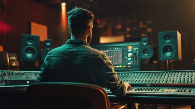 Music producer working in a recording studio. Concept of music production, mixing, mastering, sound engineering.