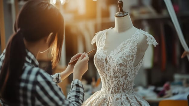 Woman Designing a Wedding Dress on a Mannequin