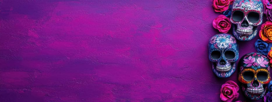 Purple Day of the Dead Background with Skulls and Flowers