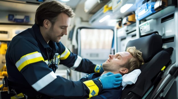 Paramedic checking on a patient in an ambulance. Concept of healthcare, emergency medical services and first aid.