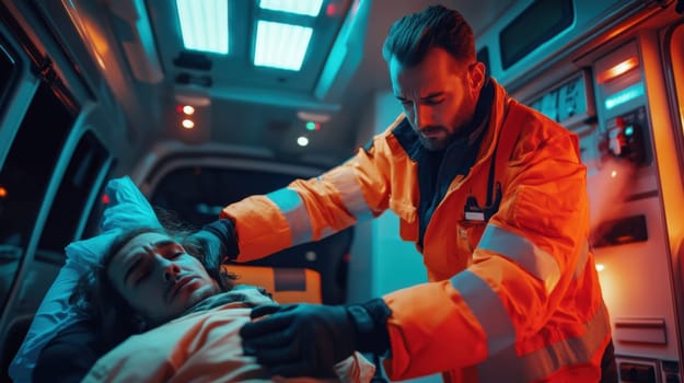 Paramedic examining patient in ambulance with neon lights. Concept of emergency, healthcare, rescue and medical service.