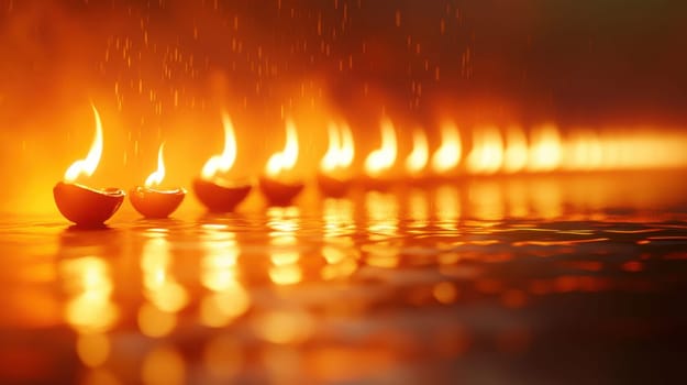 Diya Lamps Lit in a Row, Celebration of Light