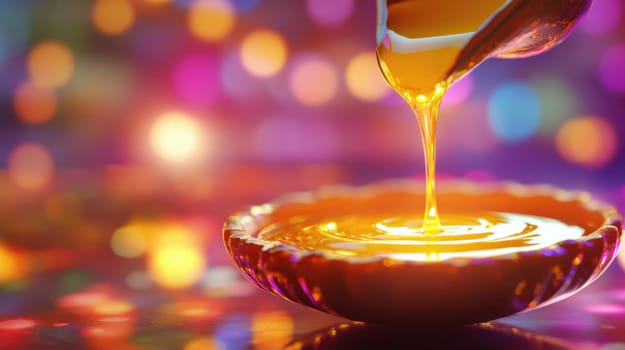 Oil being poured into a clay diya with colorful bokeh background. Concept of celebration, festival, culture, tradition, spirituality, diwali and light
