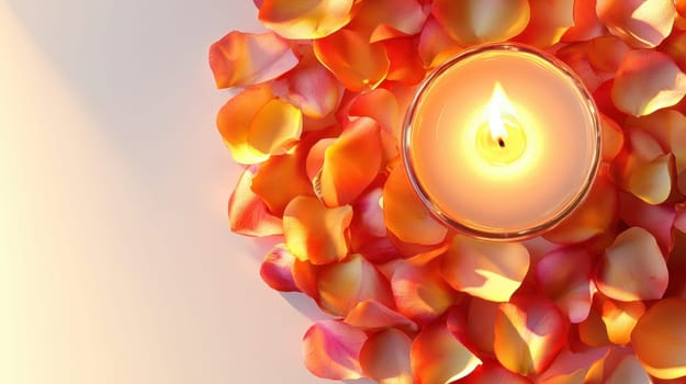 Burning candle with rose petals. Concept of spa, aromatherapy, relaxation, and wellness.