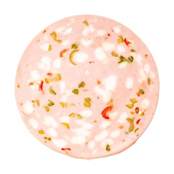 Slices of Sausage Mortadella isolated on a white background.