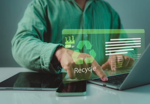 Environment conservation preservation save earth recycle concept, Ecological waste management and sustainable development, Businessman and recyclable symbols on virtual screen.