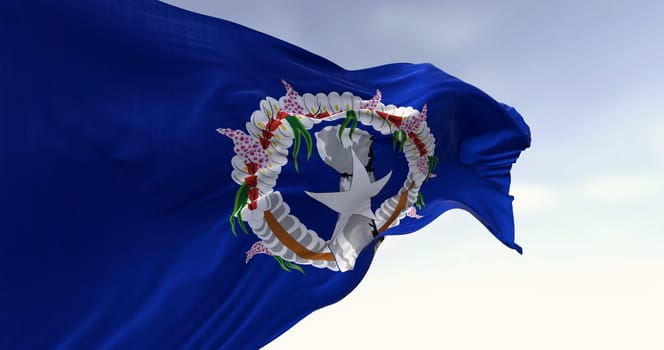 Flag of the Northern Mariana Islands waving in the wind on a clear day. Unincorporated territory of the United States. 3d illustration render. Rippling fabric