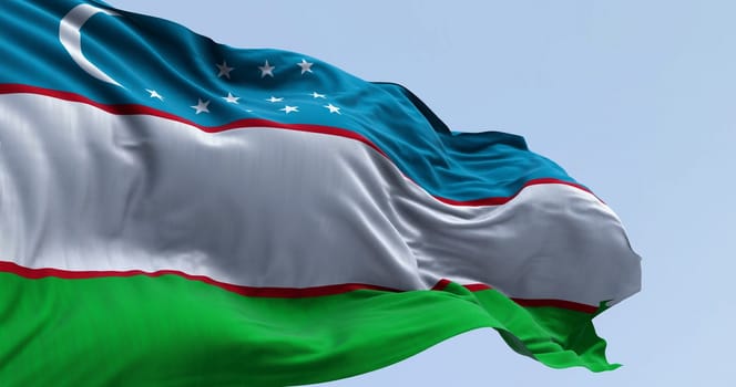 Close-up of Uzbekistan national flag waving on a clear day. Sovereign country in Central Asia. 3d illustration render. Rippling fabric. Selective focus.