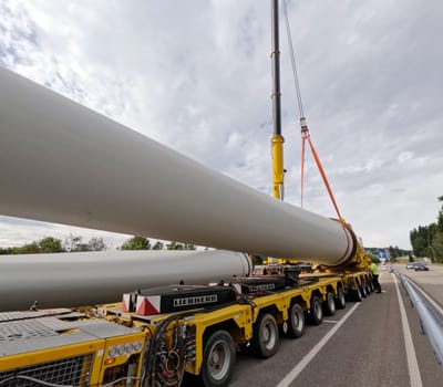 Like the pipes of a pipeline,the rotors are ready for transport on the self-propelled  The heavy transport of the 68-metre-long rotor blades leads over the Feldberg (Breisgau-Hochschwarzwald district) to Freiburg's local mountain,the Schauinsland  The rotor blades are mounted on a self-propelled vehicle,and they reach their destination at walking pace over several days  Topic picture wind energy