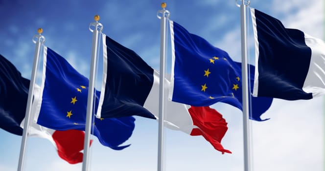 Close-up of France flag and European Union waving on a clear day. France became a member of the European Union on January 1, 1958. 3d illustration render. Selective focus. Fluttering fabric