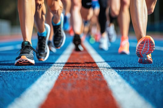 A diverse group of athletes are running on a track, each wearing vibrant colored shoes. They are focused on reaching the finish line with speed and determination.