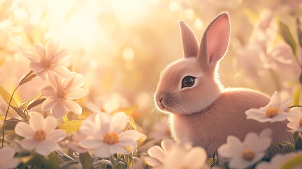 An adorable Easter rabbit, sitting in a garden with delicate flowers blooming in the foreground.  AI generated